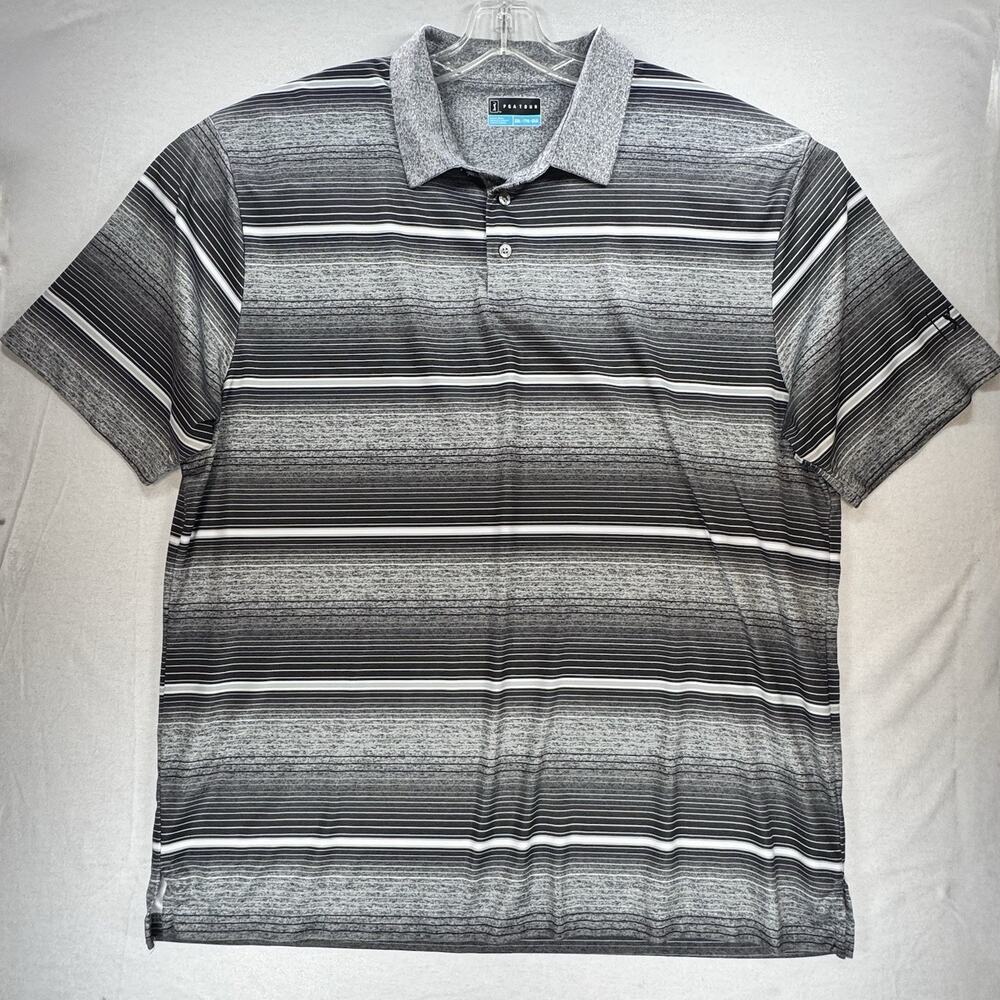 PGA Tour Men's Polo Shirt 2XL Black/Gray Striped Short Sleeve Collared Golf A242
